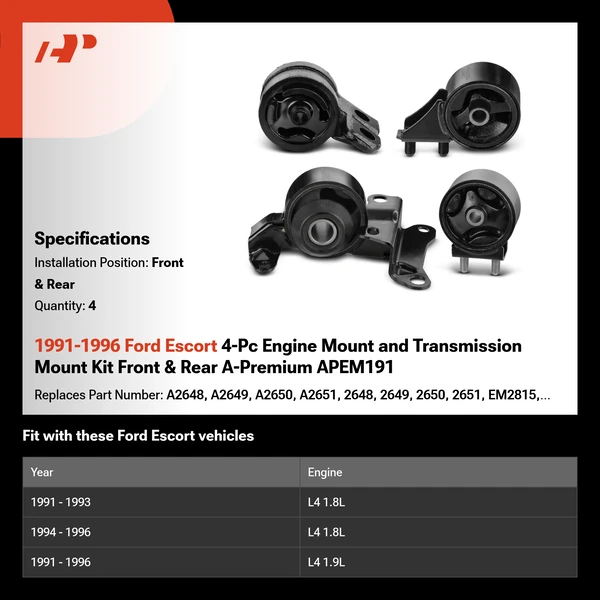 1991-1996 Ford Escort 4-Pc Engine Mount and Transmission Mount Kit Front & Rear A-Premium APEM191