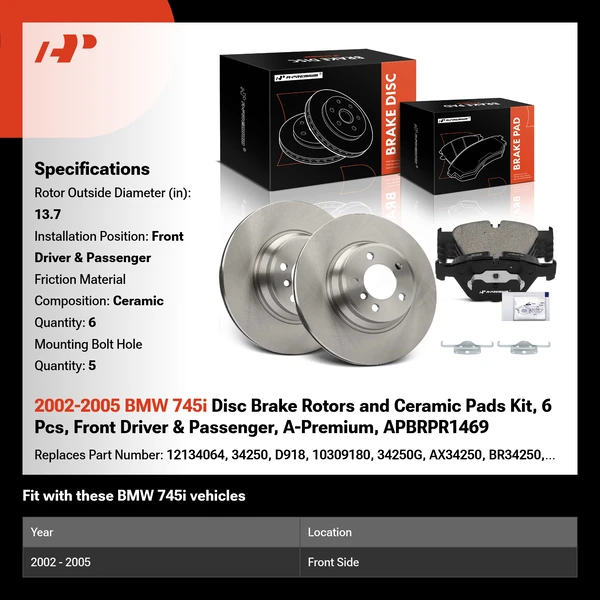 2002-2005 BMW 745i Disc Brake Rotors and Ceramic Pads Kit, 6 Pcs, Front Driver & Passenger, A-Premium, APBRPR1469