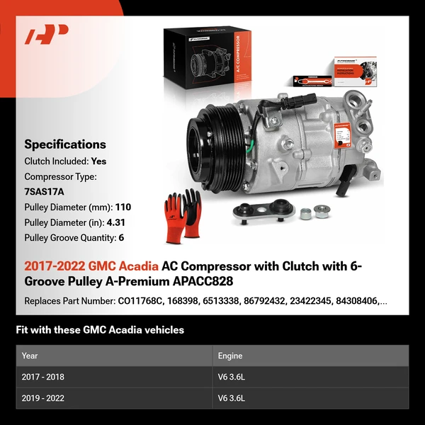 2017-2022 GMC Acadia AC Compressor with Clutch with 6-Groove Pulley A-Premium APACC828