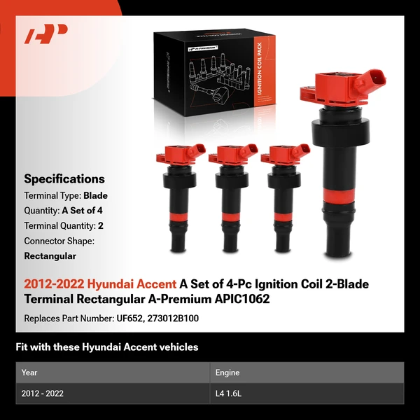 2012-2022 Hyundai Accent A Set of 4-Pc Ignition Coil 2-Blade Terminal Rectangular A-Premium APIC1062