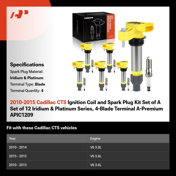 2010-2015 Cadillac CTS Ignition Coil and Spark Plug Kit Set of A Set of 12 Iridium & Platinum Series, 4-Blade Terminal A-Premium APIC1209