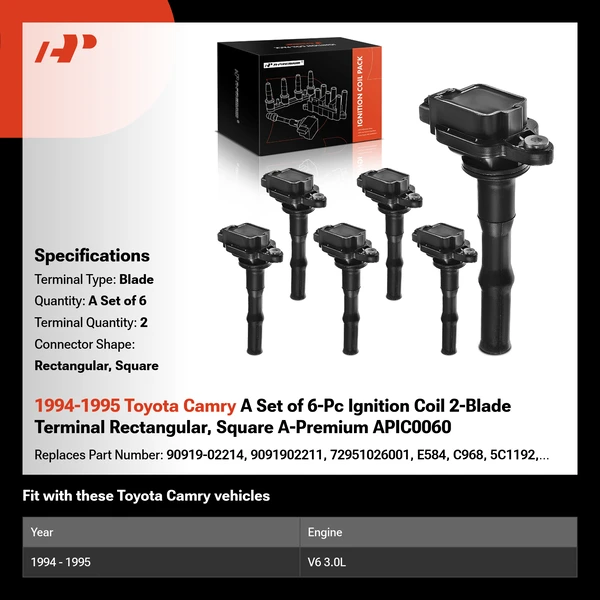 1994-1995 Toyota Camry A Set of 6-Pc Ignition Coil 2-Blade Terminal Rectangular, Square A-Premium APIC0060