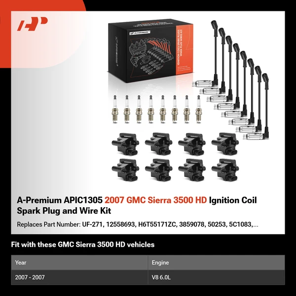 A-Premium APIC1305 2007 GMC Sierra 3500 HD Ignition Coil Spark Plug and Wire Kit