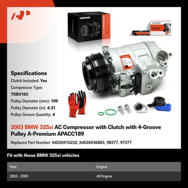 2003 BMW 325xi AC Compressor with Clutch with 4-Groove Pulley A-Premium APACC189