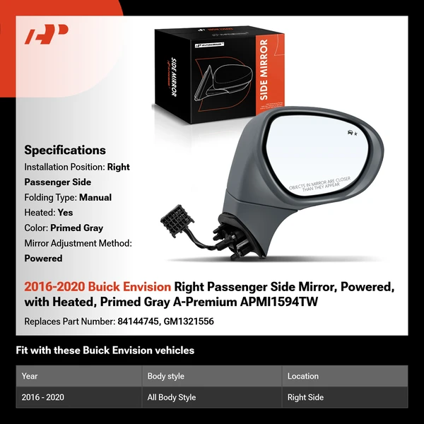 2016-2020 Buick Envision Right Passenger Side Mirror, Powered, with Heated, Primed Gray A-Premium APMI1594TW