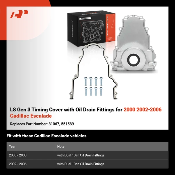 LS Gen 3 Timing Cover with Oil Drain Fittings for 2000 2002-2006 Cadillac Escalade