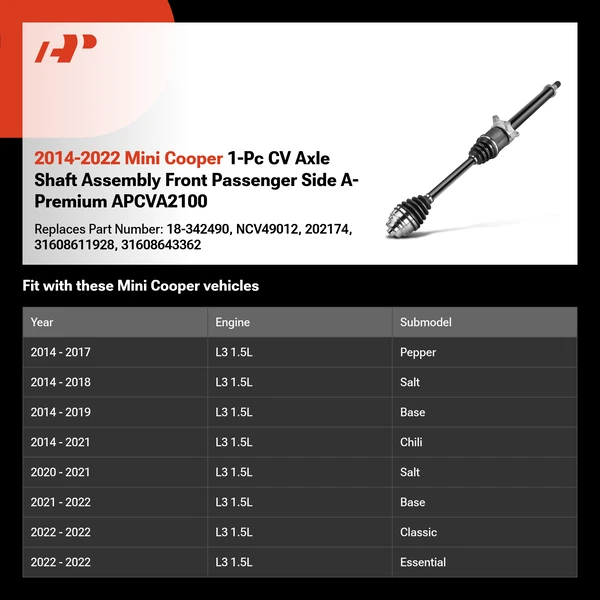 2014-2022 Mini Cooper 1-Pc CV Axle Shaft Assembly Front Passenger Side A-Premium APCVA2100