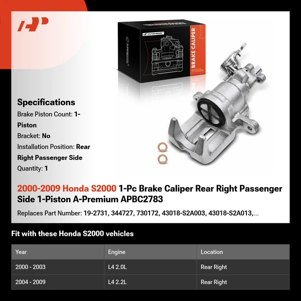 2000-2009 Honda S2000 1-Pc Brake Caliper Rear Right Passenger Side 1-Piston A-Premium APBC2783