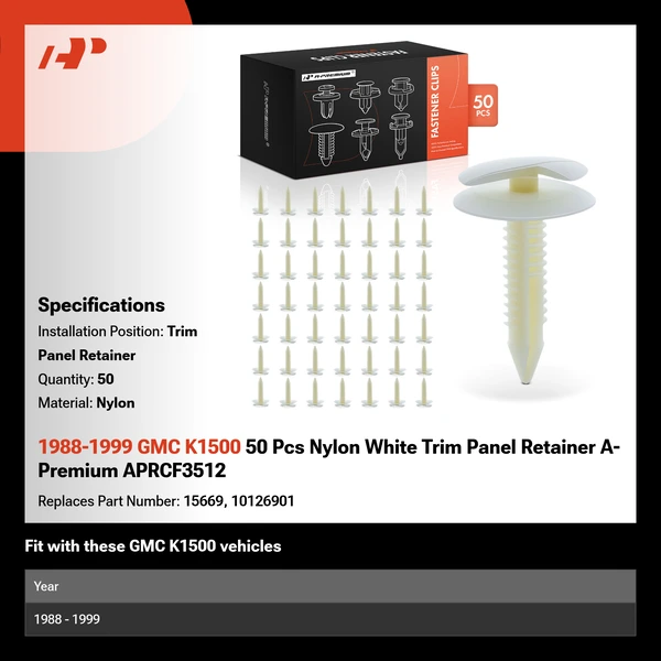 1988-1999 GMC K1500 50 Pcs Nylon White Trim Panel Retainer A-Premium APRCF3512