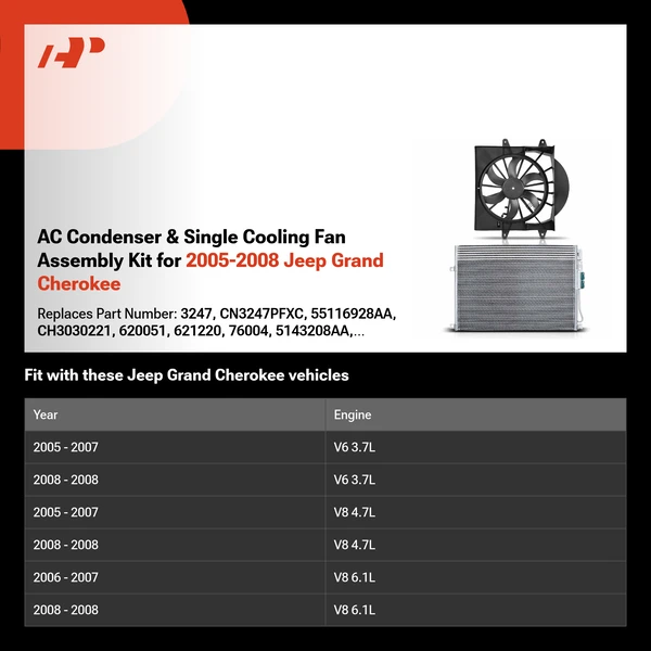 AC Condenser & Single Cooling Fan Assembly Kit for 2005-2008 Jeep Grand Cherokee