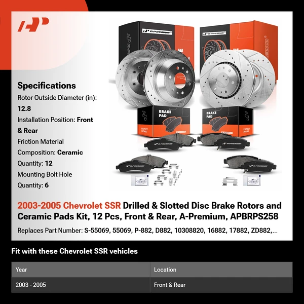 2003-2005 Chevrolet SSR Drilled & Slotted Disc Brake Rotors and Ceramic Pads Kit, 12 Pcs, Front & Rear, A-Premium, APBRPS258
