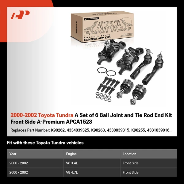2000-2002 Toyota Tundra A Set of 6 Ball Joint and Tie Rod End Kit Front Side A-Premium APCA1523