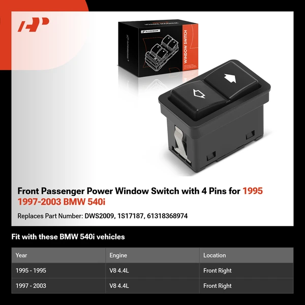 Front Passenger Power Window Switch with 4 Pins for 1995 1997-2003 BMW 540i