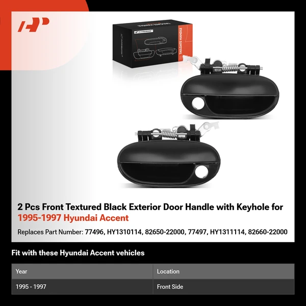 2 Pcs Front Textured Black Exterior Door Handle with Keyhole for 1995-1997 Hyundai Accent