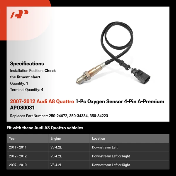 2007-2012 Audi A8 Quattro 1-Pc Oxygen Sensor 4-Pin A-Premium APOS0081