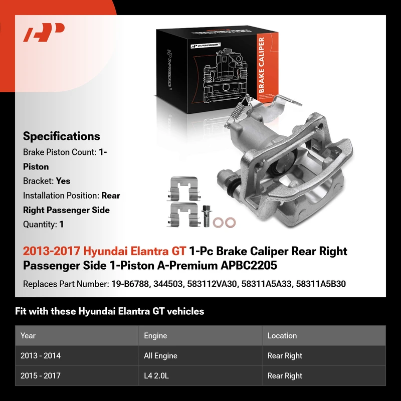 2013-2017 Hyundai Elantra GT 1-Pc Brake Caliper Rear Right Passenger Side 1-Piston A-Premium APBC2205