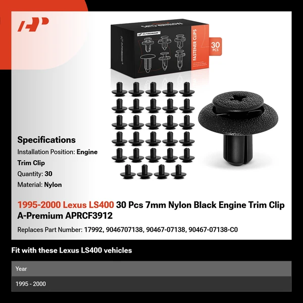 1995-2000 Lexus LS400 30 Pcs 7mm Nylon Black Engine Trim Clip A-Premium APRCF3912