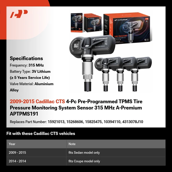 2009-2015 Cadillac CTS 4-Pc Pre-Programmed TPMS Tire Pressure Monitoring System Sensor 315 MHz A-Premium APTPMS191