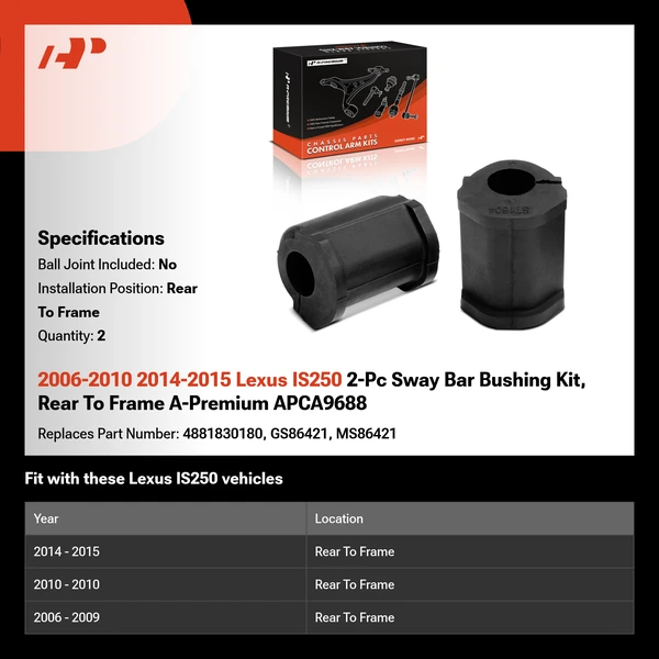 2006-2010 2014-2015 Lexus IS250 2-Pc Sway Bar Bushing Kit, Rear To Frame A-Premium APCA9688