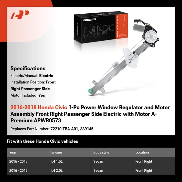 2016-2018 Honda Civic 1-Pc Power Window Regulator and Motor Assembly Front Right Passenger Side Electric with Motor A-Premium APWR0573