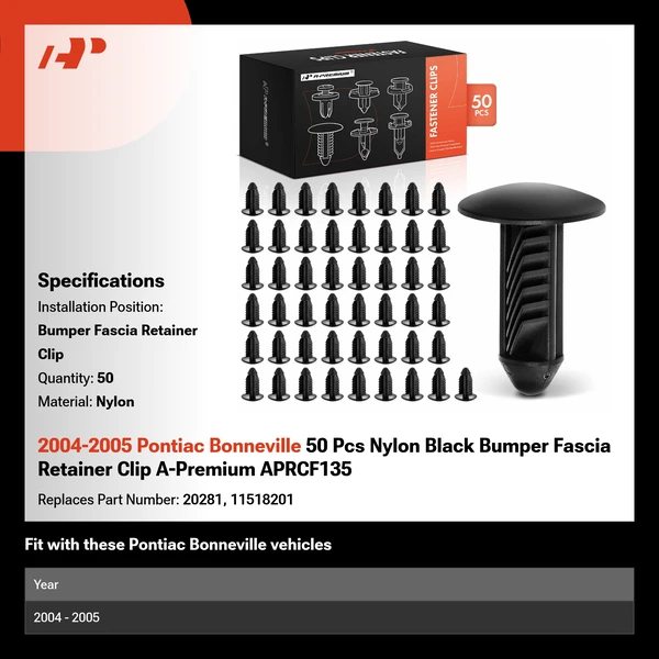 2004-2005 Pontiac Bonneville 50 Pcs Nylon Black Bumper Fascia Retainer Clip A-Premium APRCF135
