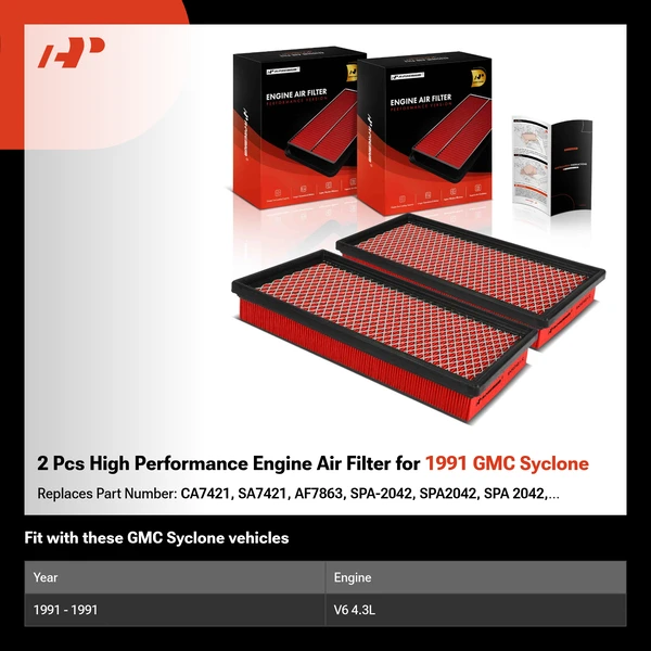2 Pcs High Performance Engine Air Filter for 1991 GMC Syclone