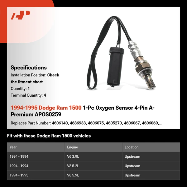 1994-1995 Dodge Ram 1500 1-Pc Oxygen Sensor 4-Pin A-Premium APOS0259