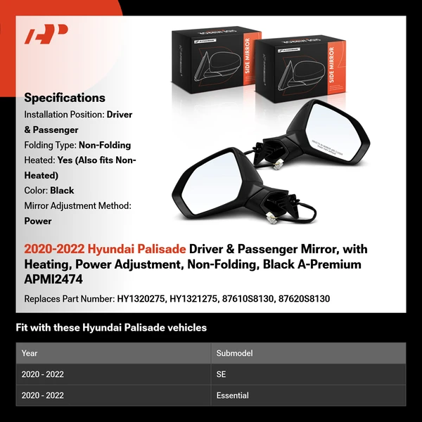 2020-2022 Hyundai Palisade Driver & Passenger Mirror, with Heating, Power Adjustment, Non-Folding, Black A-Premium APMI2474