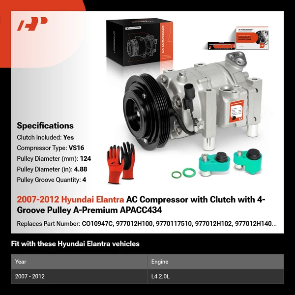 2007-2012 Hyundai Elantra AC Compressor with Clutch with 4-Groove Pulley A-Premium APACC434