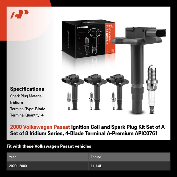2000 Volkswagen Passat Ignition Coil and Spark Plug Kit Set of A Set of 8 Iridium Series, 4-Blade Terminal A-Premium APIC0761