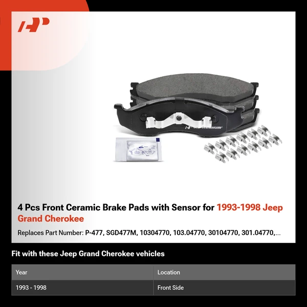 4 Pcs Front Ceramic Brake Pads with Sensor for 1993-1998 Jeep Grand Cherokee