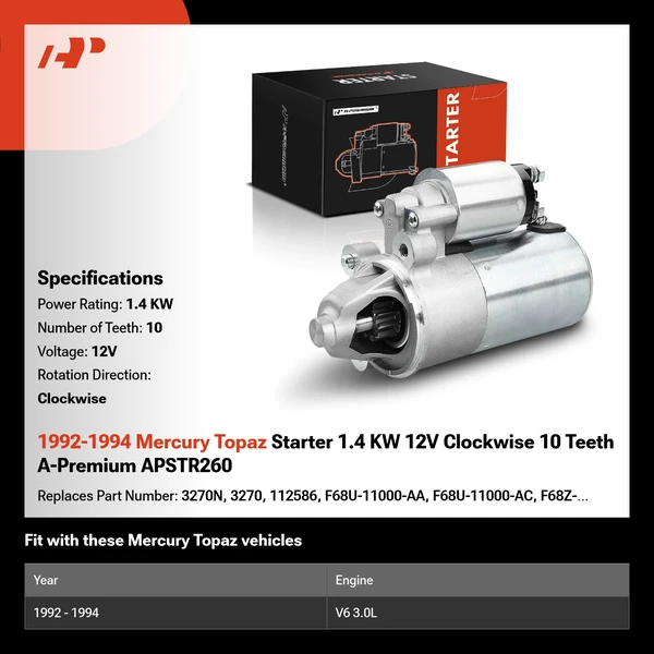 1992-1994 Mercury Topaz Starter 1.4 KW 12V Clockwise 10 Teeth A-Premium APSTR260