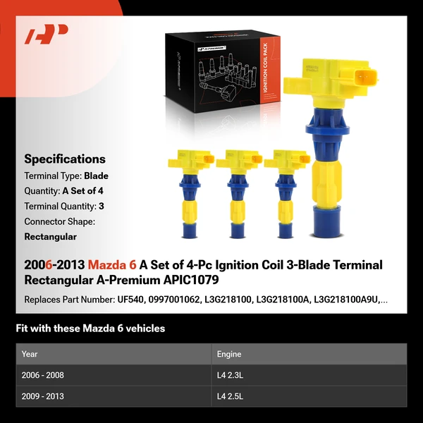 2006-2013 Mazda 6 A Set of 4-Pc Ignition Coil 3-Blade Terminal Rectangular A-Premium APIC1079