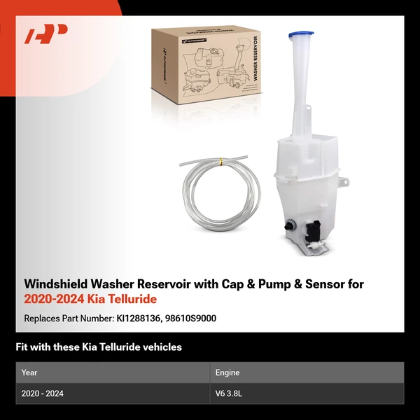 Windshield Washer Reservoir with Cap & Pump & Sensor for 2020-2024 Kia Telluride