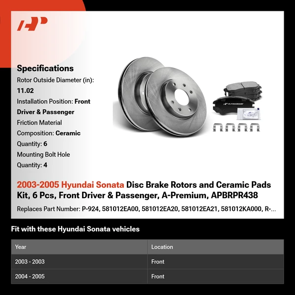 2003-2005 Hyundai Sonata Disc Brake Rotors and Ceramic Pads Kit, 6 Pcs, Front Driver & Passenger, A-Premium, APBRPR438