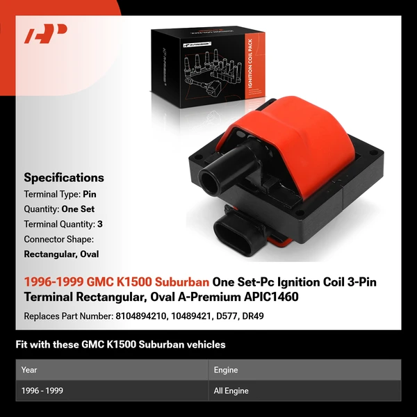 1996-1999 GMC K1500 Suburban One Set-Pc Ignition Coil 3-Pin Terminal Rectangular, Oval A-Premium APIC1460