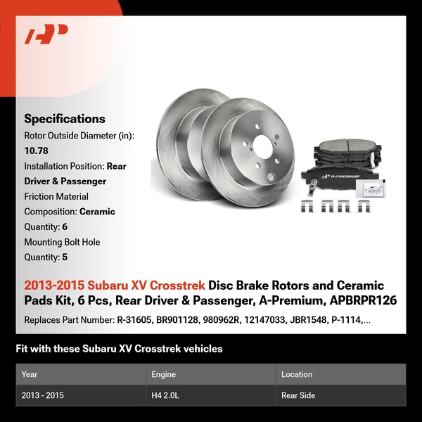 2013-2015 Subaru XV Crosstrek Disc Brake Rotors and Ceramic Pads Kit, 6 Pcs, Rear Driver & Passenger, A-Premium, APBRPR126