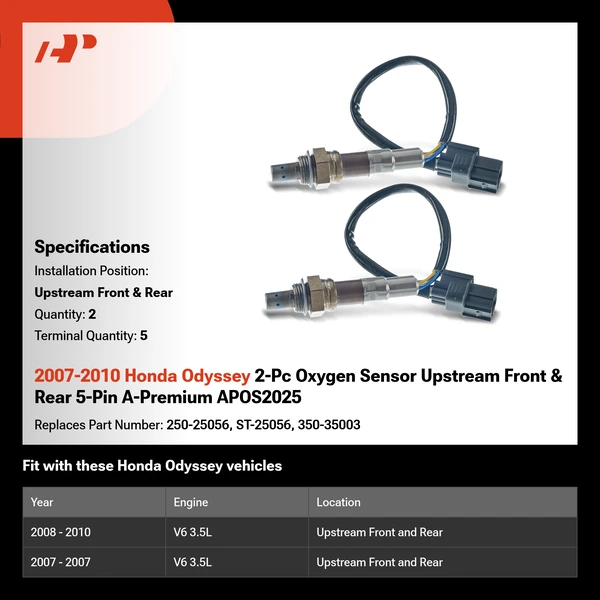 2007-2010 Honda Odyssey 2-Pc Oxygen Sensor Upstream Front & Rear 5-Pin A-Premium APOS2025
