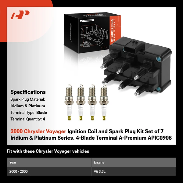 2000 Chrysler Voyager Ignition Coil and Spark Plug Kit Set of 7 Iridium & Platinum Series, 4-Blade Terminal A-Premium APIC0908