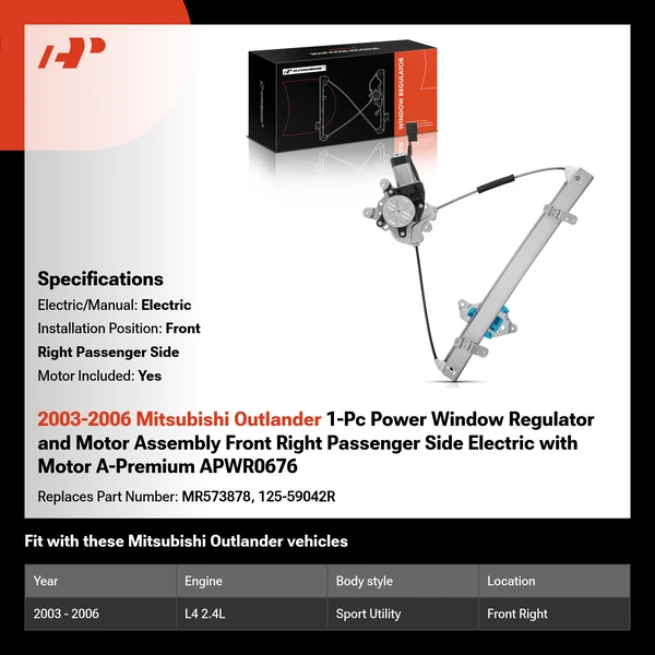 2003-2006 Mitsubishi Outlander 1-Pc Power Window Regulator and Motor Assembly Front Right Passenger Side Electric with Motor A-Premium APWR0676