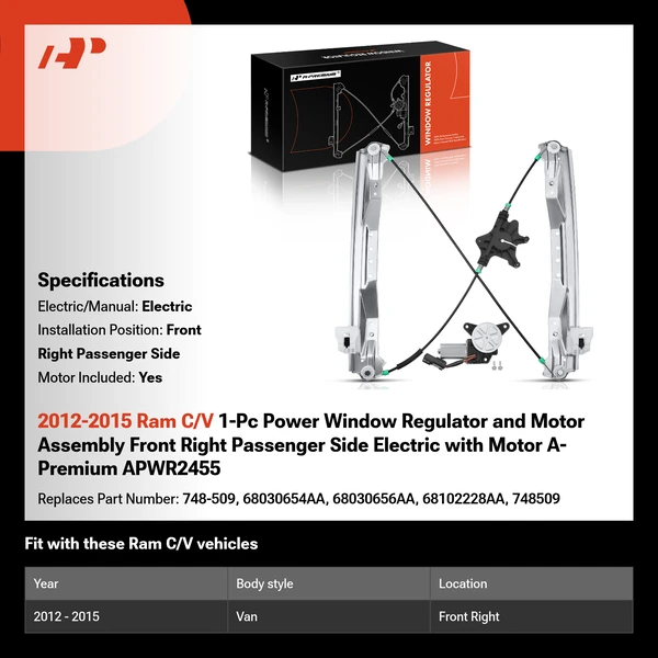 2012-2015 Ram C/V 1-Pc Power Window Regulator and Motor Assembly Front Right Passenger Side Electric with Motor A-Premium APWR2455