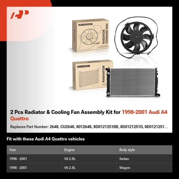 2 Pcs Radiator & Cooling Fan Assembly Kit for 1998-2001 Audi A4 Quattro