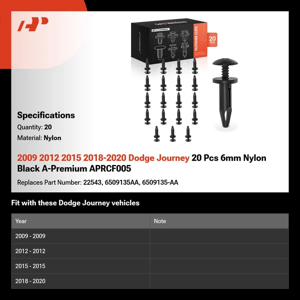 2009 2012 2015 2018-2020 Dodge Journey 20 Pcs 6mm Nylon Black A-Premium APRCF005