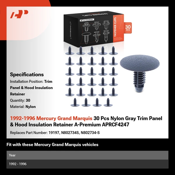 1992-1996 Mercury Grand Marquis 30 Pcs Nylon Gray Trim Panel & Hood Insulation Retainer A-Premium APRCF4247