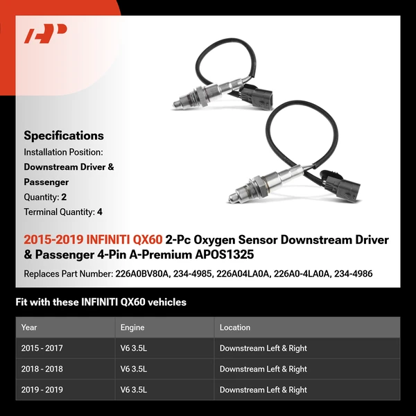 2015-2019 INFINITI QX60 2-Pc Oxygen Sensor Downstream Driver & Passenger 4-Pin A-Premium APOS1325