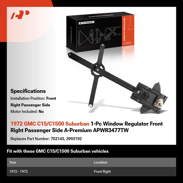 1972 GMC C15/C1500 Suburban 1-Pc Window Regulator Front Right Passenger Side A-Premium APWR3477TW