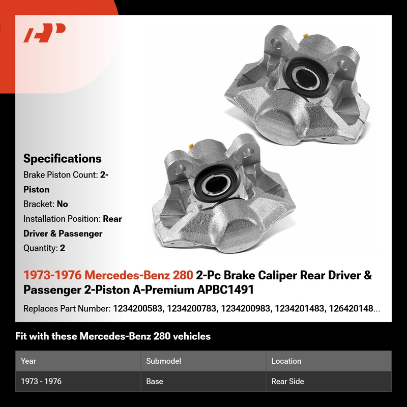 1973-1976 Mercedes-Benz 280 2-Pc Brake Caliper Rear Driver & Passenger 2-Piston A-Premium APBC1491