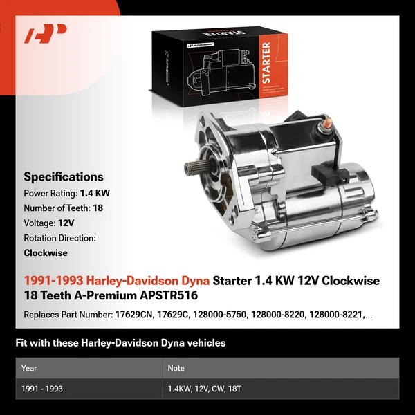 1991-1993 Harley-Davidson Dyna Starter 1.4 KW 12V Clockwise 18 Teeth A-Premium APSTR516