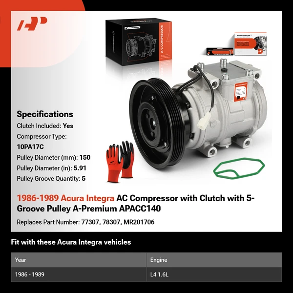 1986-1989 Acura Integra AC Compressor with Clutch with 5-Groove Pulley A-Premium APACC140