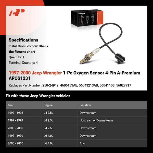 1997-2000 Jeep Wrangler 1-Pc Oxygen Sensor 4-Pin A-Premium APOS1231